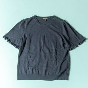 Banana Republic Navy Blue Flare Short Sleeve Bauble Pom Pom Fringe Knit Top L